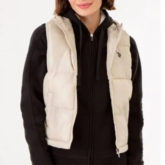 US Polo Puffer Hoodie Cropped Vest Large Women's Front Zip Beige