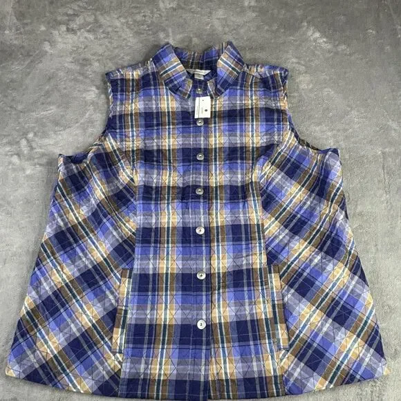 CJ Banks Vest Womens 2X Blue Plaid‎ Quilted Button Front Pockets Lined 20/22W