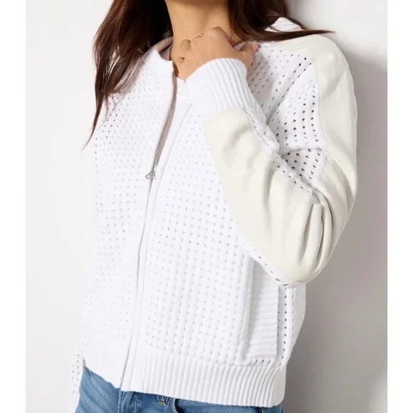 Evereve Harlow White Pointelle Open Knit Bomber Jacket Faux Leather Trim XS