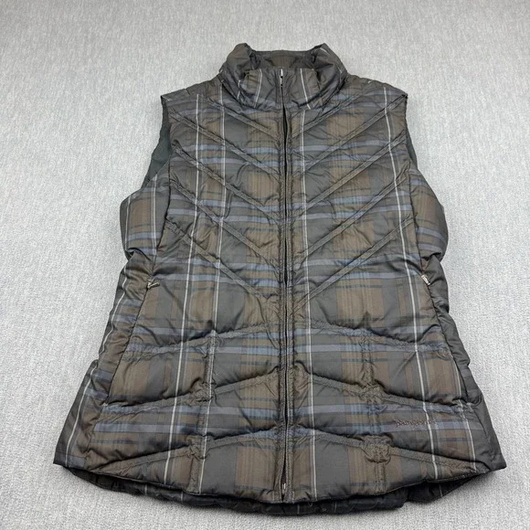 Patagonia Vest Womens Small Gray Brown Plaid Puffer Full Zip Goose Down Gorpcore