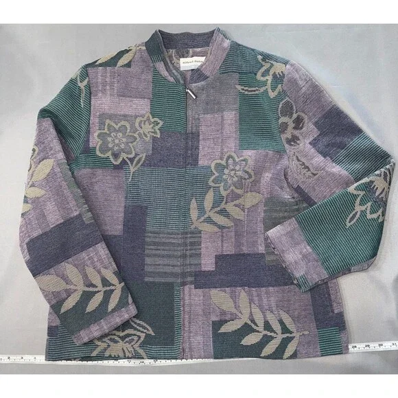 Alfred Dunner Vintage Women 14P Purple Patchwork Zip Tapestry Jacket