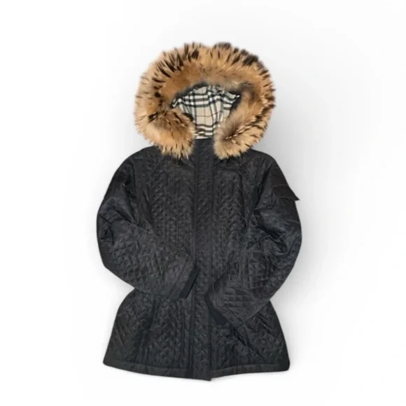 Authentic Burberry Black Quilted Raccoon Fur Hood Cinch Waist Jacket Small‎