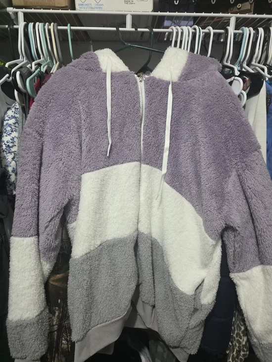 SHEIN Lavender White Gray Plush Zip-Up Hoodie Coat NEVER WORN!