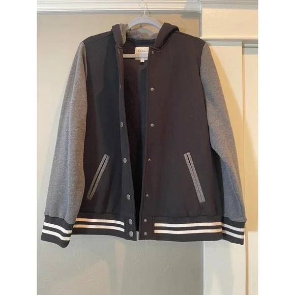Torrid Womens Plus Size 2 Varsity Bomber Jacket Hooded Snap Front Black Grey