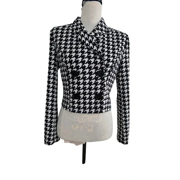 SHEIN Womens Black White Houndstooth Cropped DoubleBreasted Blazer Jacket Medium
