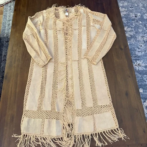 Don’t Mess with Texas Fringe Beige Crochet‎ Cardigan Coat