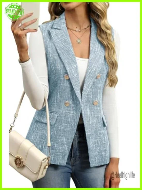 Tweed Long Vest Sleeveless Double-Breasted Blazer with Pockets