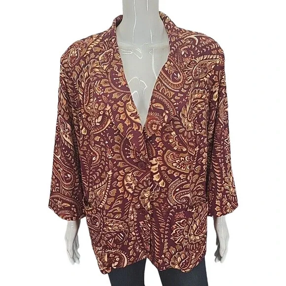 Joan Rivers Paisley Jersey Knit 3/4 Sleeves Blazer w Pockets 3X Plus Size Jacket