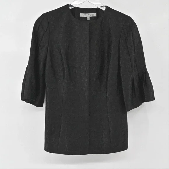 Anne Klein Textured Wool Blazer Womens Size 2 Black Bell Sleeve Vintage‎ 00s
