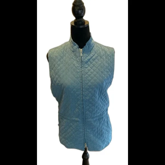 Talbots Vest Quilted Lined Size Medium Steel Blue Full Zipper Pockets Drawstring