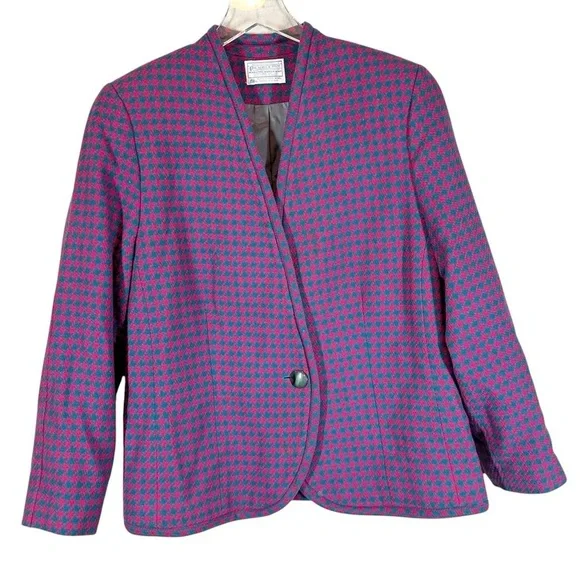PENDLETON Women's 14W Plus Size Wool Blazer Magenta/Teal Houndstooth One Button