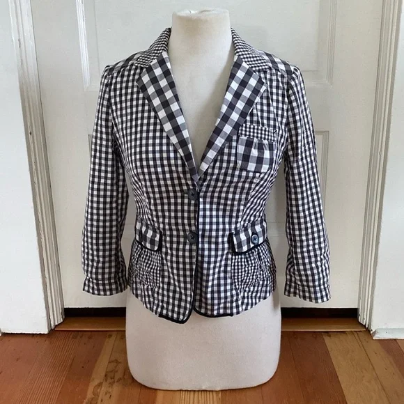 Taikonku Black and White Gingham Print 3/4 Sleeve Blazer Jacket 2‎