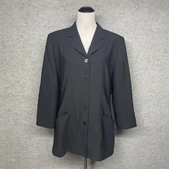 Vtg Nordstrom Blk Worsted Wool Longline Blazer Women 12 USA Made Career Classic