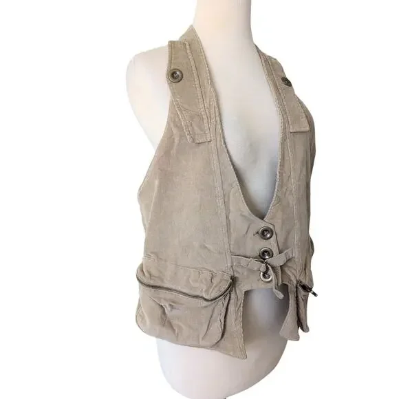 Y2K 2000s Waistcoat Corduroy Vest Tan M Cargo Utility Cyber‎ Grunge Twilightcore