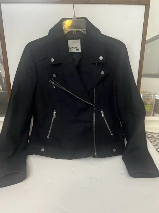 Levis Moto Jacket Womens Medium Wool Blend Black Asymmetrical Zip Biker.   Mm