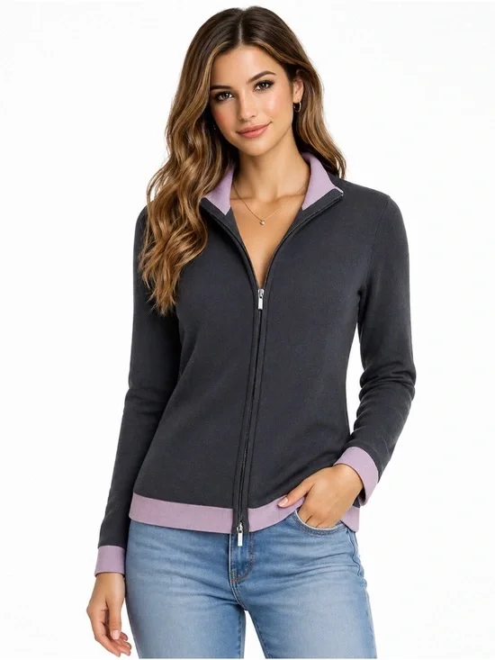 Magaschoni cashmere zip up sweater, gray/light purple, women’s size small.