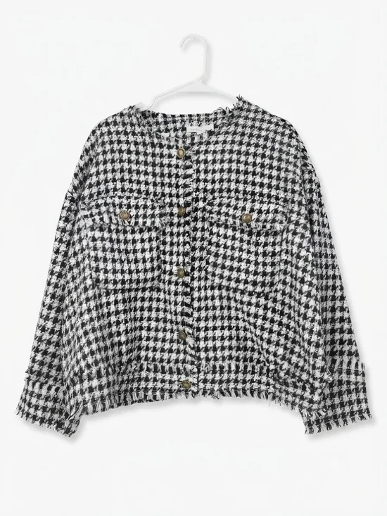 Black & White Houndstooth Tweed Button-Front Jacket