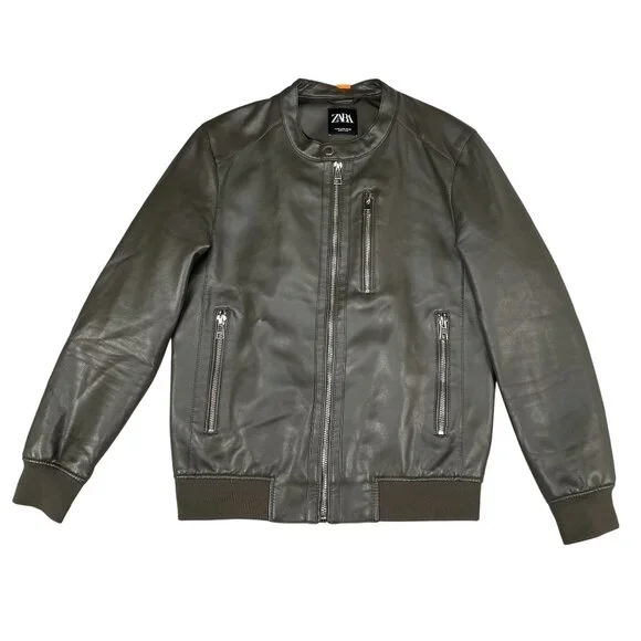 Zara Brown Faux Leather Moto‎ Jacket Sz Medium