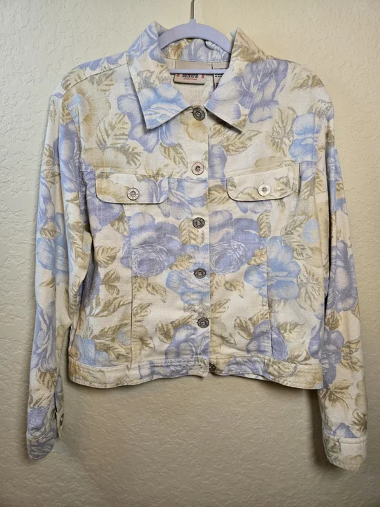 Vintage Bill Blass Floral Button-Front Linen/Cotton Jacket in Light Blue & Cream