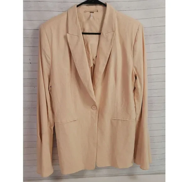 Free People Linen Blend Flared Sleeve One Button Blazer in Peach Rose, sz Large
