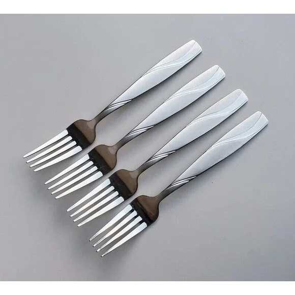 Oneida Silva Stainless Set of 4 Dinner Forks - Frosted Swirl Handle Design 8”