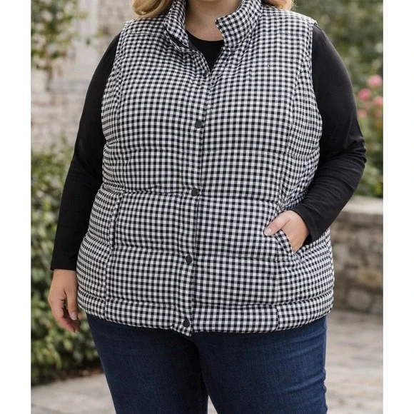 J. Jill  Black White Gingham DOWN Puffer 3x Vest‎ Snap Front Mock Neck Spring