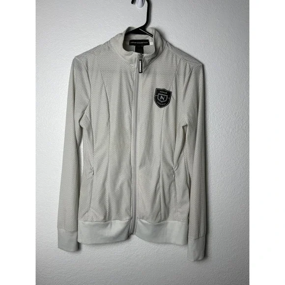 Asmar Equestrian Womens Small Mesh Zip Up Jacket Cream Mock Neck Logo Back