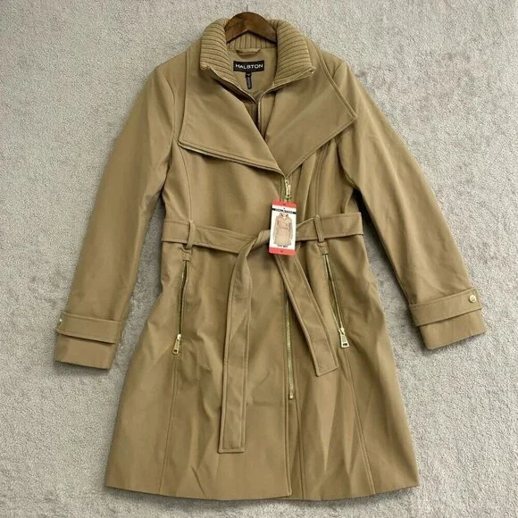 NEW Halston Women's M Tan Belted Mid Length Trench Coat Full Zip Tan