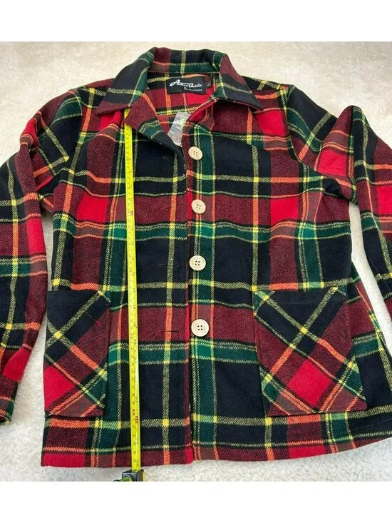 Astro Bettie Womens Plaid Button-Up Jacket Red & Black Wool Blend Size L Pre-Own