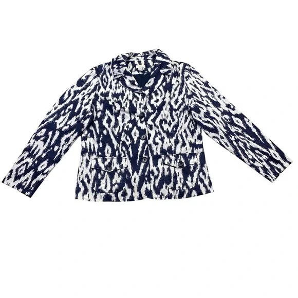 Chico's Eileen Navy White Ikat Print Blazer Jacket Sz 2‎ Cotton Blend 3-Button