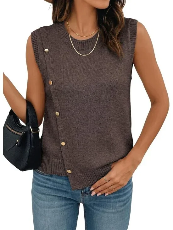 Women's Coffee Sleeveless Round Neck Casual Button Decoration Sweater Vest