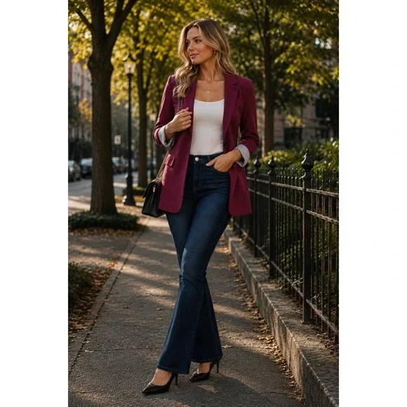 Size M- BCX Women's Burgundy/black/white Long Sleeve Open Suit Jacket