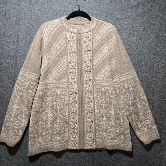 Pendleton Women's 100%‎ Lambswool Full Zip Lined Sweater Jacket Tan Large Nordic
