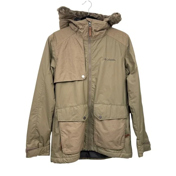 Columbia Omni-Tech Women's Tan Faux Fur Hooded Waterproof Ski Snow Jacket Size S