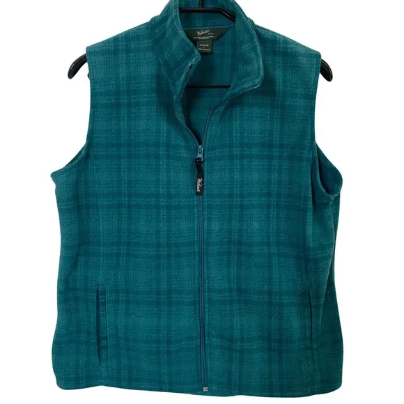 Woolrich Womens Atlantic Hunt Teal Plaid Fleece Full Zip Vest 18531‎ Large