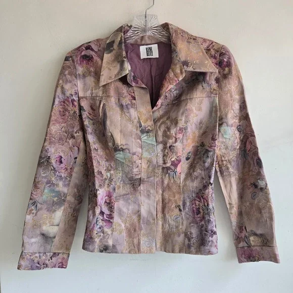 Rene Ruiz Designer Floral Brocade  Purple Snap Front Colorful Blazer Jacket‎