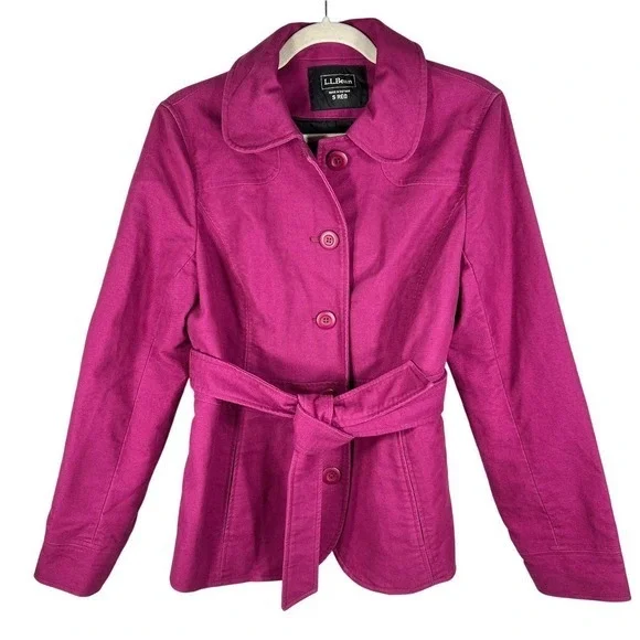 LL Bean Pea Coat Belted Canvas Field Jacket Small Pink Chore Barn Spring Preppy‎