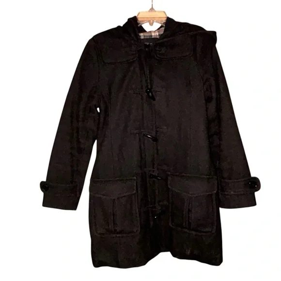 H&M L.O.G.G. Black Wool Blend Toggle‎ Duffle Coat Womens 8 Hooded Winter Jacket