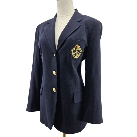Lauren Ralph Lauren Blazer Womens 12P Petite Blue Wool‎ Three-Button Jacket