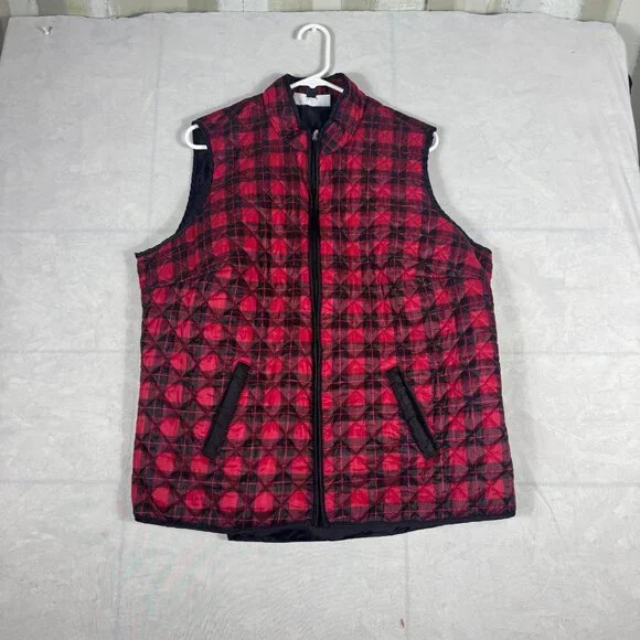 Karen Scott Sport‎ Quilted Puffer Vest Womens Red Black Buffalo Plaid Size 2X