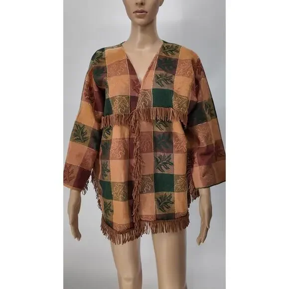 Vintage Boho Patchwork‎ Fringe Jacket Brown Green Burgundy Suede Style L