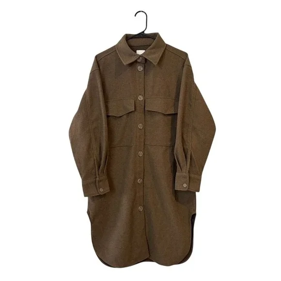 H&M Brown Longline Shacket Oversized Shirt‎ Jacket Button Front SMALL