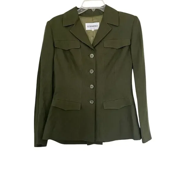 Iceberg Army Green 100% Linen Button Front Utilitarian Blazer Jacket Size IT 42