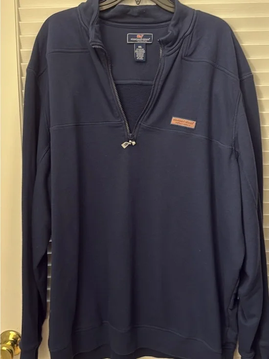Vineyard Vines Navy Zip-Front Pullover with Orange Whale Logo
