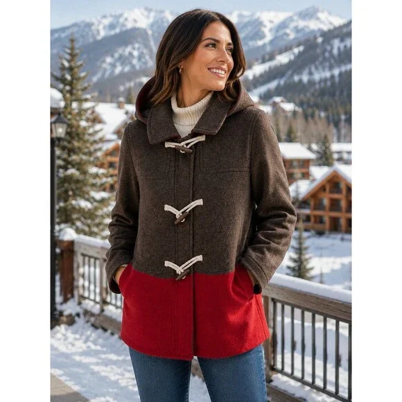 Old Navy Womens Wool Coat Hooded XL Brown Red Colorblock  Zip Toggle Jacket