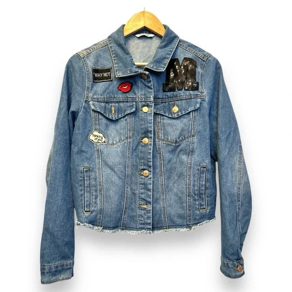Highway‎ Jeans Womens L Cropped Denim Jacket Patches Sequin M Raw Hem VD7901HJMJ