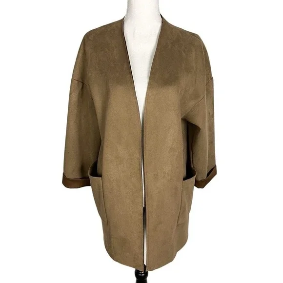 Zara Basic Faux‎ Suede Coat Size XS Long Sleeve Tan Open Front Oversized Jacket