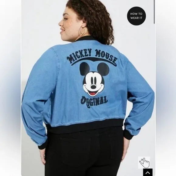 New‎ Disney Americana Mickey Mouse Chambray Cropped Bomber Jacket size 2X