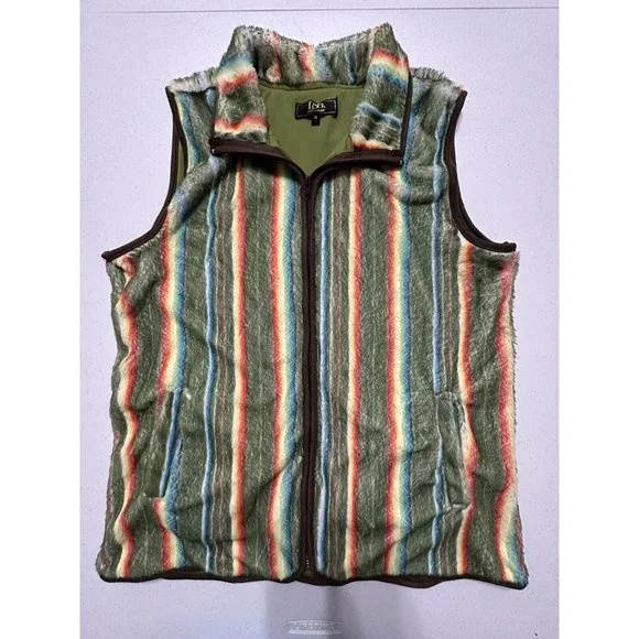 Lucky & Blessed L&B Faux Fur Fuzzy Multicolored Striped Zip Vest Pockets Retro M