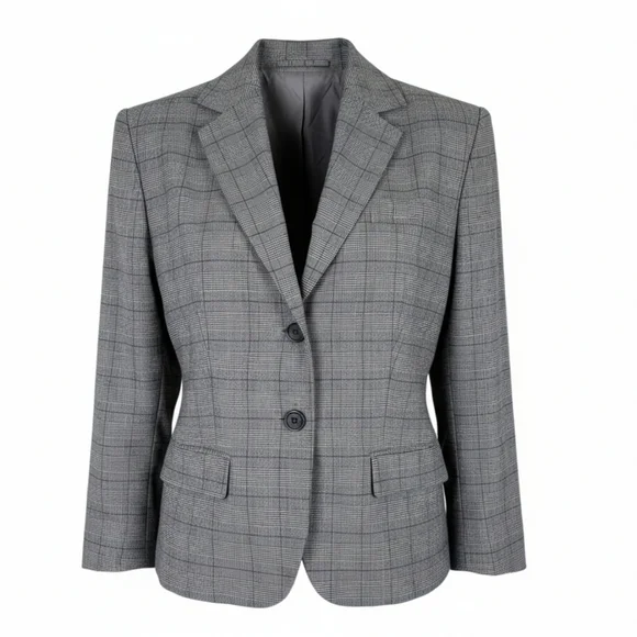 Tahari ASL Blazer Size 10 Gray Black Purple Glen Plaid Flap Pockets 2 Button